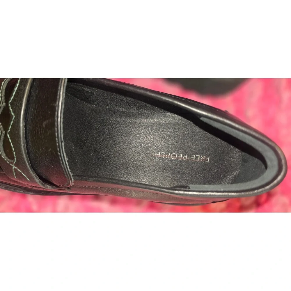 Free People Black Leather Lug Sole Loafers Western Stitching Size 8